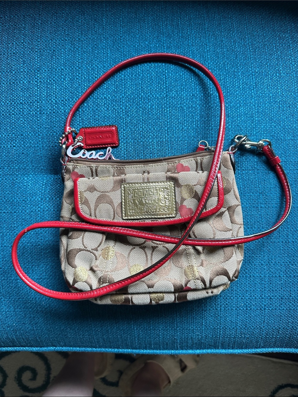 Coach Beige Signature Poppy Canvas Crossbody with Red Trim